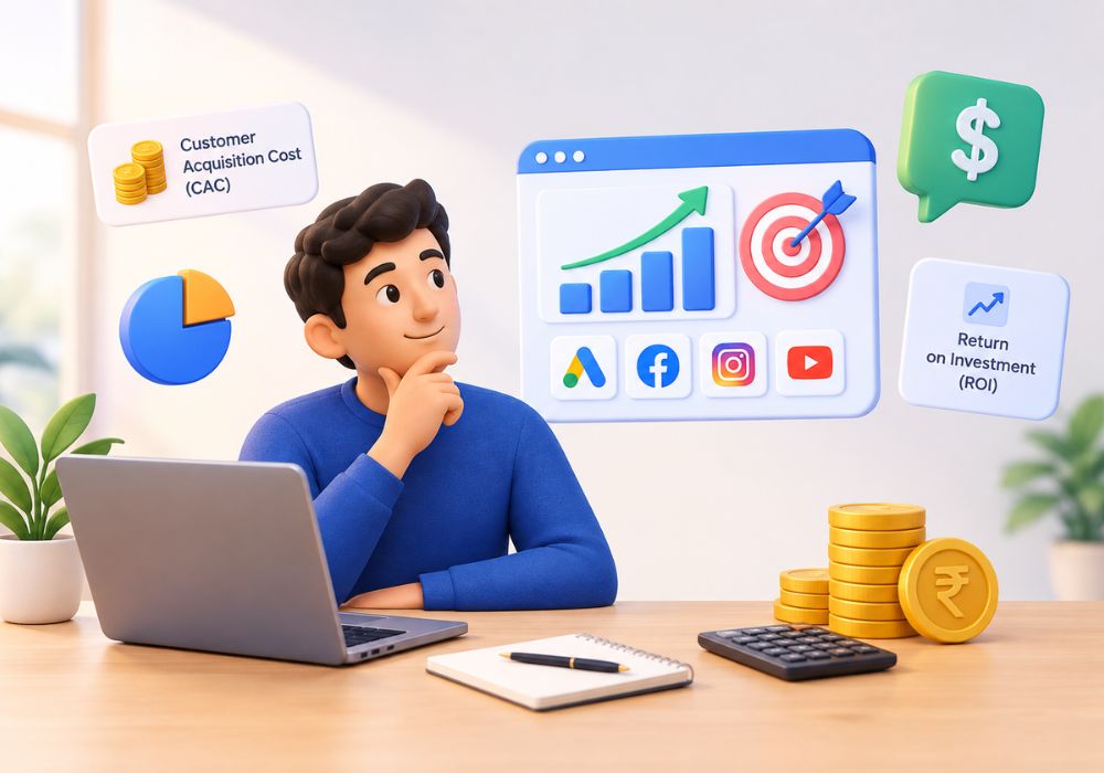 3D illustration of performance marketing budget, advertising spend, and ROI