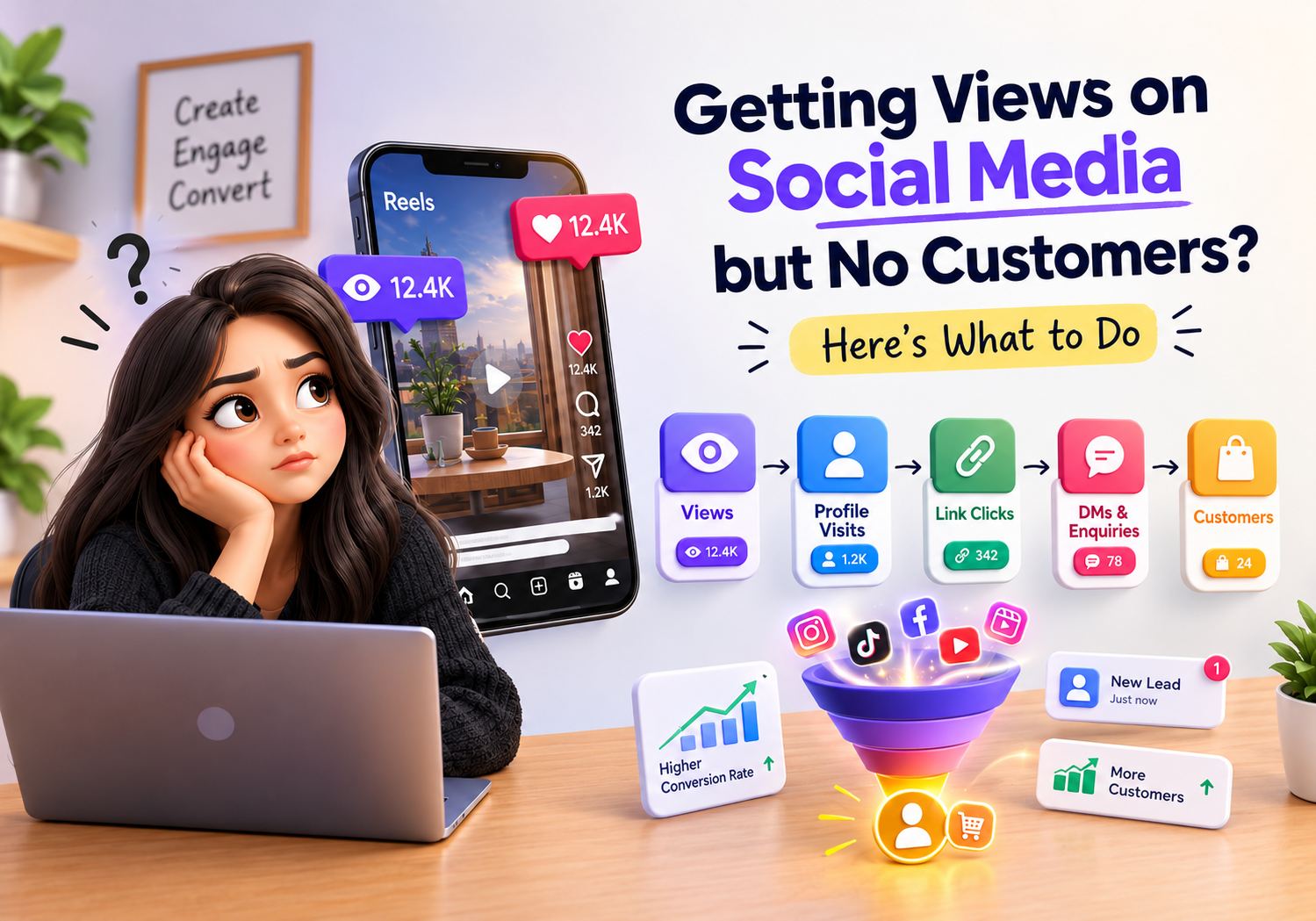 3D illustration showing how to turn social media views into customers and sales.